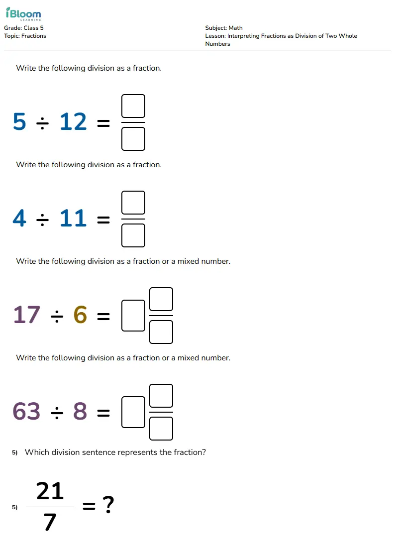 Interpreting Fractions as Division of Two Whole Numbers Lesson for Class 5 | iBloom