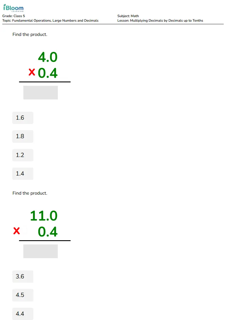 Multiplying Decimals by Decimals up to Tenths Lesson for Class 5 | iBloom