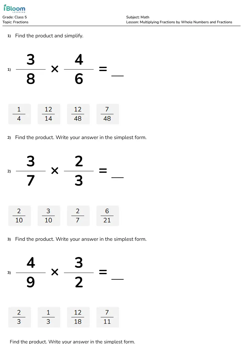 Multiplying Fractions by Whole Numbers and Fractions Lesson for Class 5 | iBloom