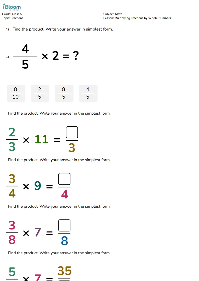 Multiplying Fractions by Whole Numbers Lesson for Class 5 | iBloom