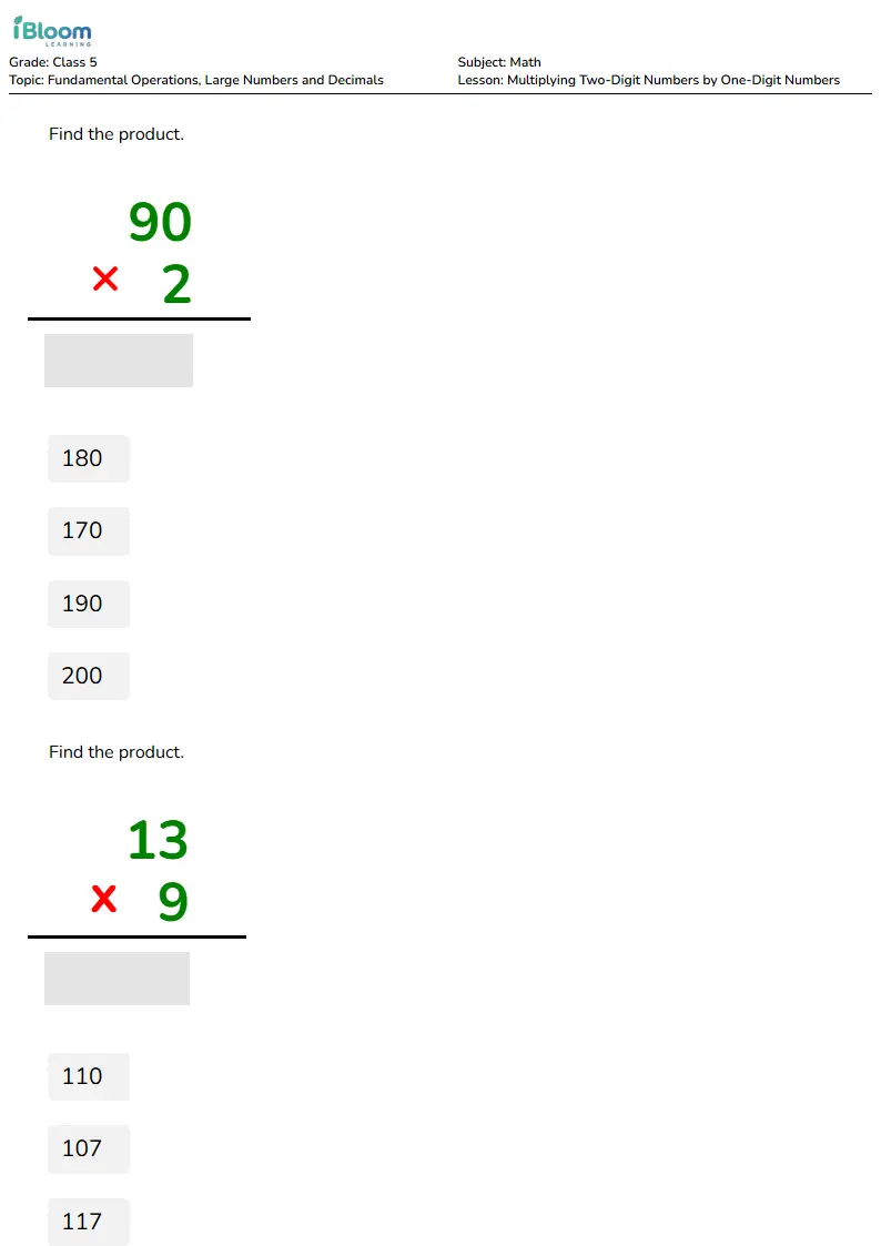 Multiplying Two-Digit Numbers by One-Digit Numbers Lesson for Class 5 | iBloom