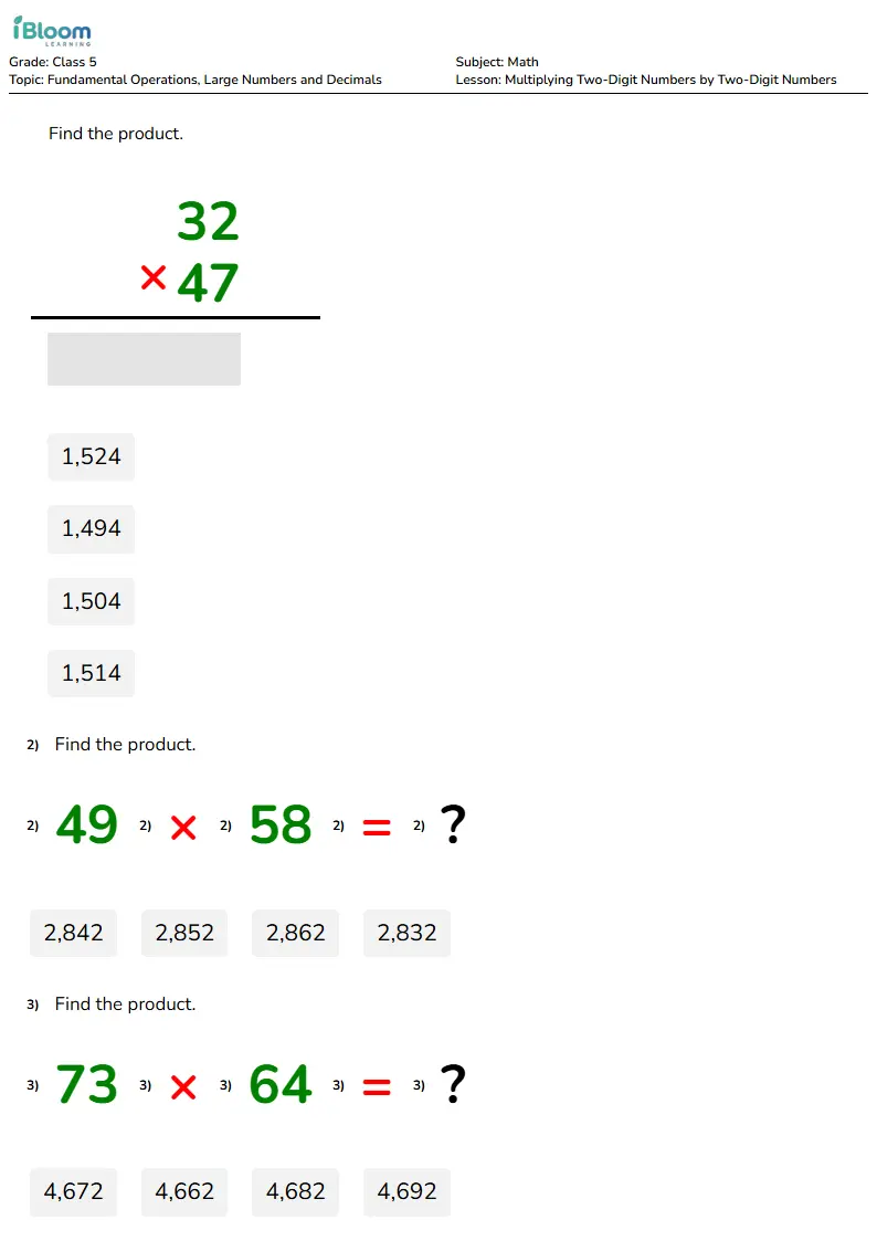 Multiplying Two-Digit Numbers by Two-Digit Numbers Lesson for Class 5 | iBloom