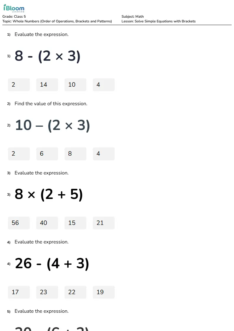 Solve Simple Equations with Brackets Lesson for Class 5 | iBloom