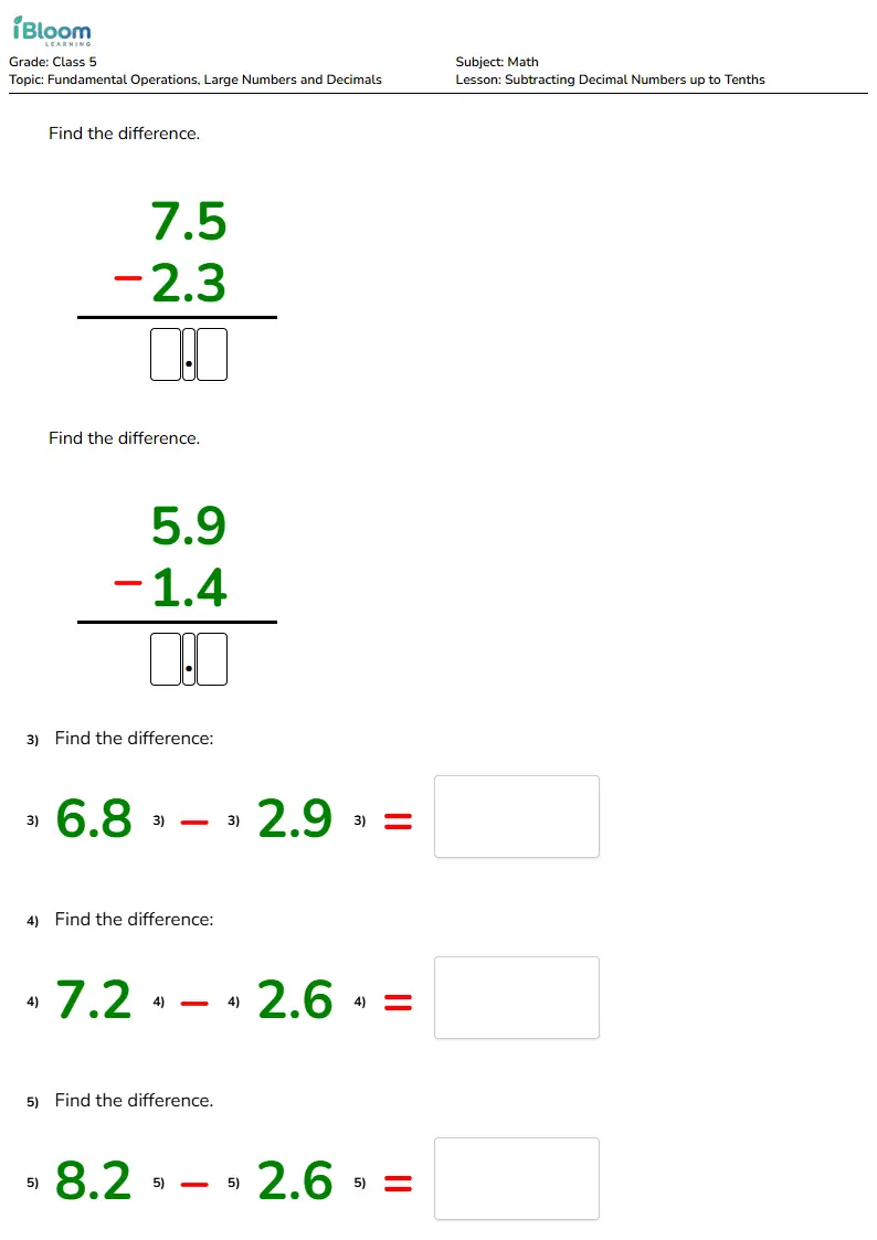 Subtracting Decimal Numbers up to Tenths Lesson for Class 5 | iBloom