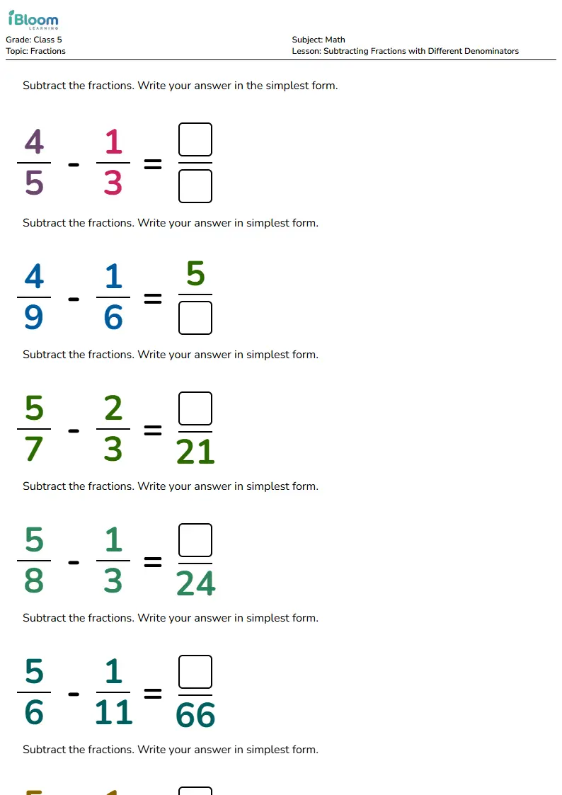 Subtracting Fractions with Different Denominators Lesson for Class 5 | iBloom