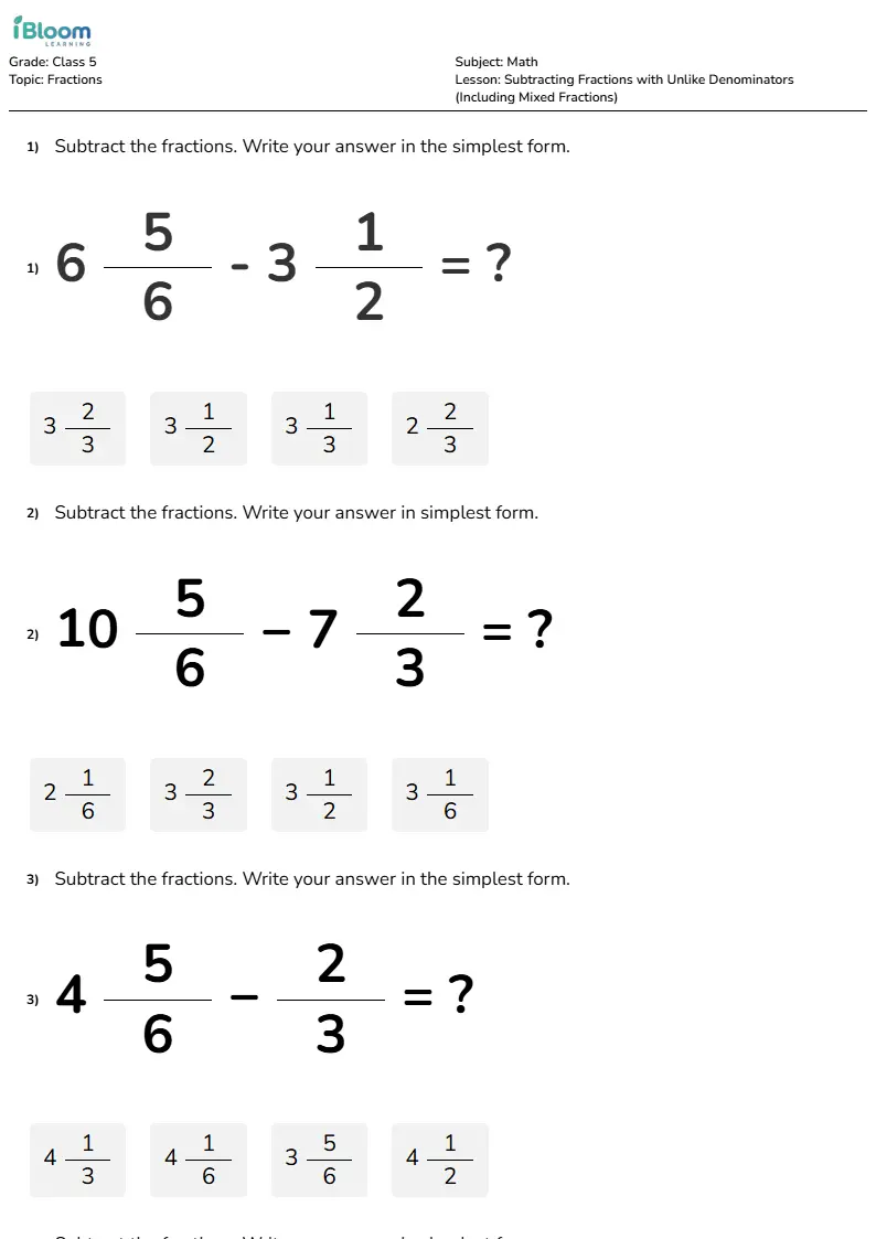 Subtracting Fractions with Unlike Denominators (Including Mixed Fractions) Lesson for Class 5 | iBloom