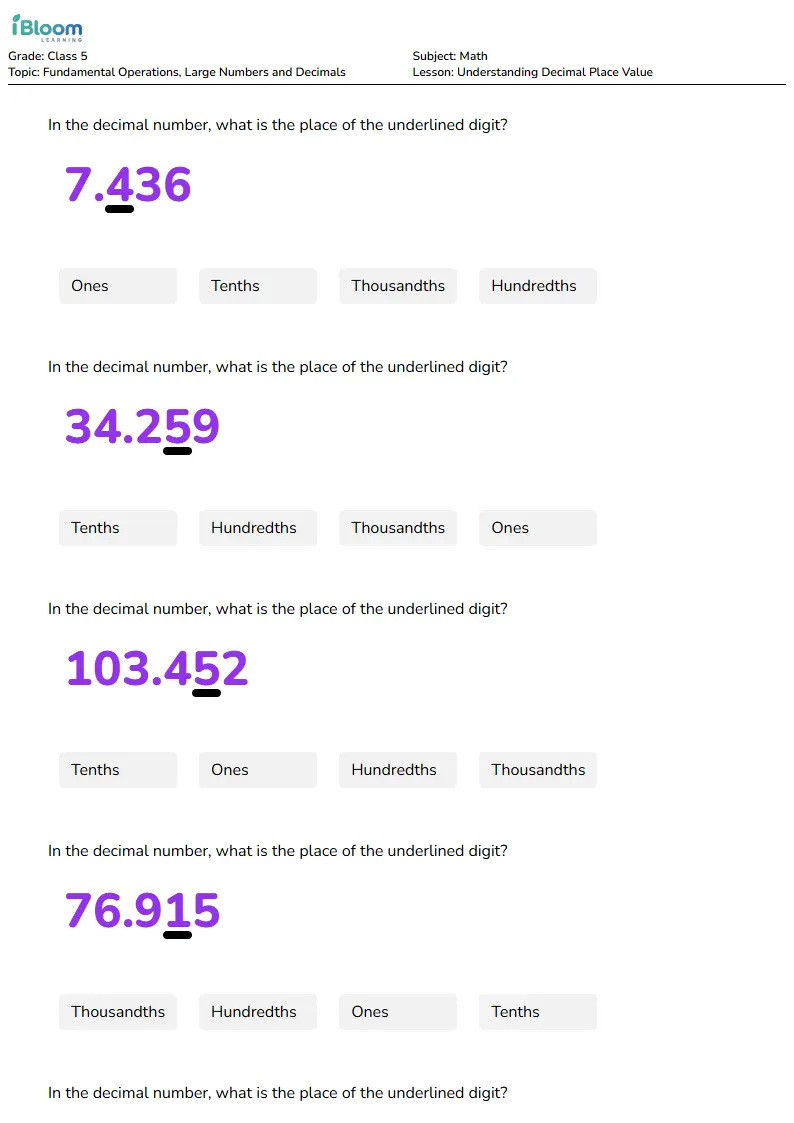 Understanding Decimal Place Value Lesson for Class 5 | iBloom
