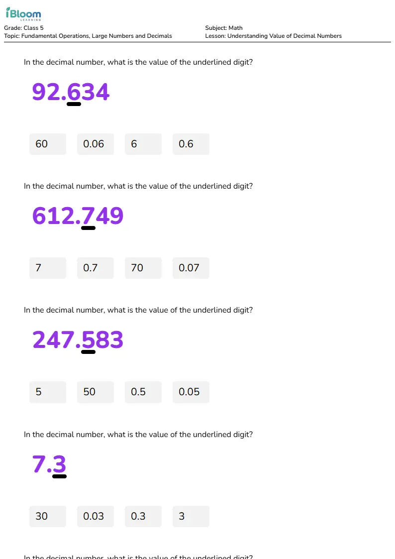 Understanding Value of Decimal Numbers Lesson for Class 5 | iBloom