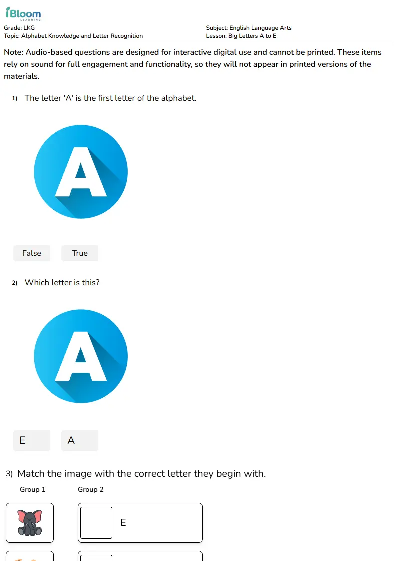 Big Letters A to E Lesson for Lkg