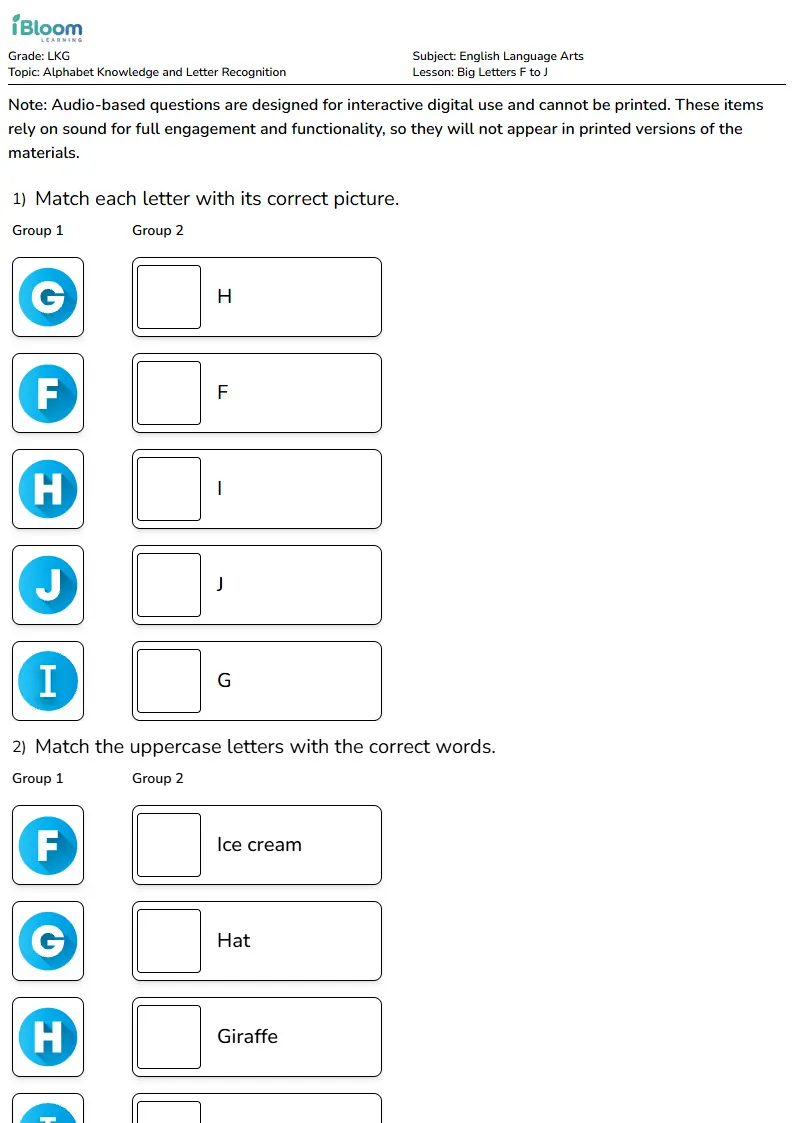 Big Letters F to J Lesson for Lkg