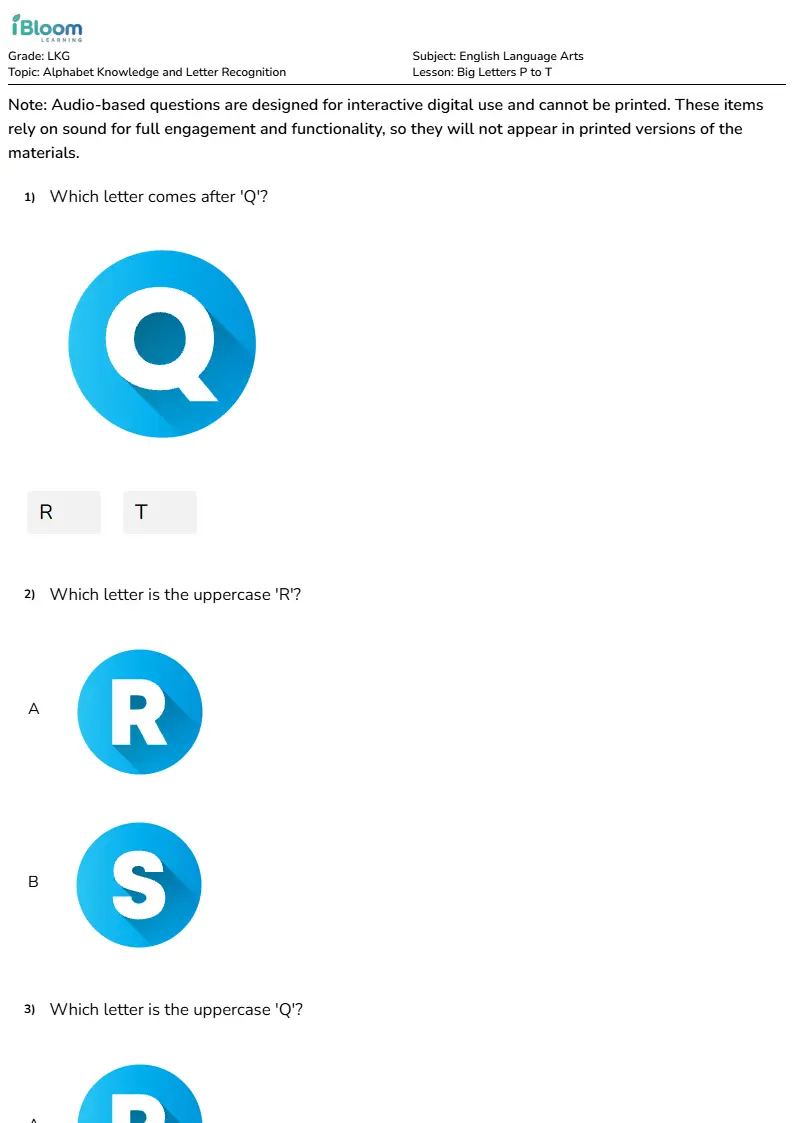 Big Letters P to T Lesson for Lkg