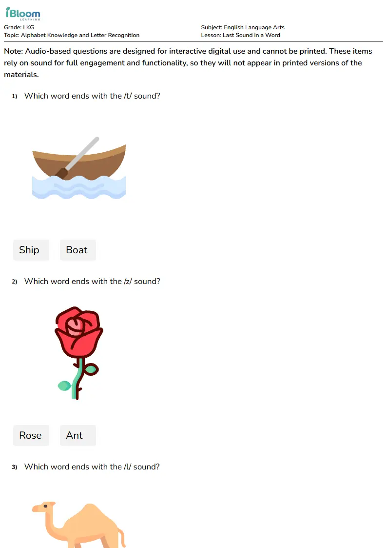 Last Sound in a Word Lesson for Lkg