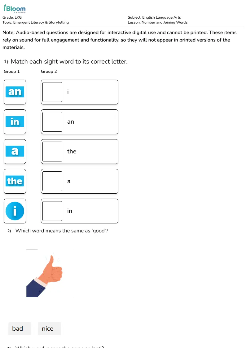 Number and Joining Words Lesson for Lkg | iBloom