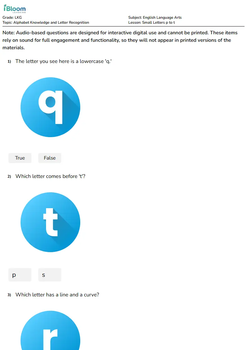 Small Letters p to t Lesson for Lkg | iBloom