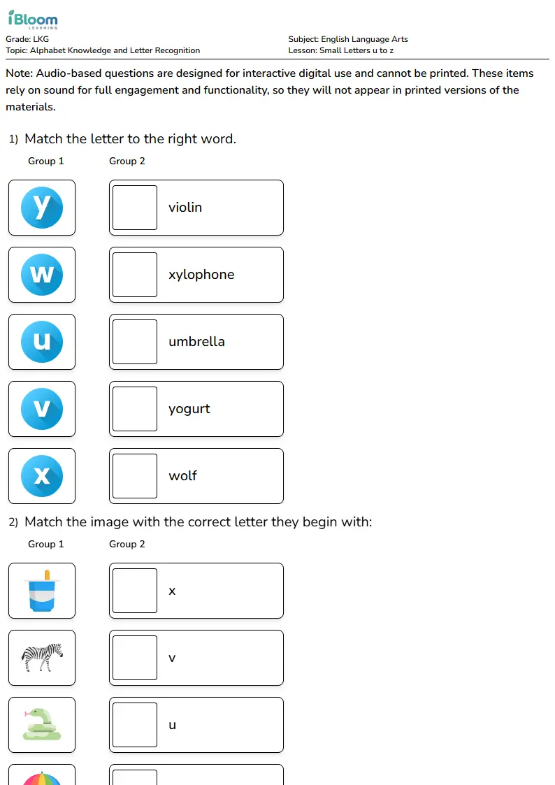 Small Letters u to z Lesson for Lkg | iBloom