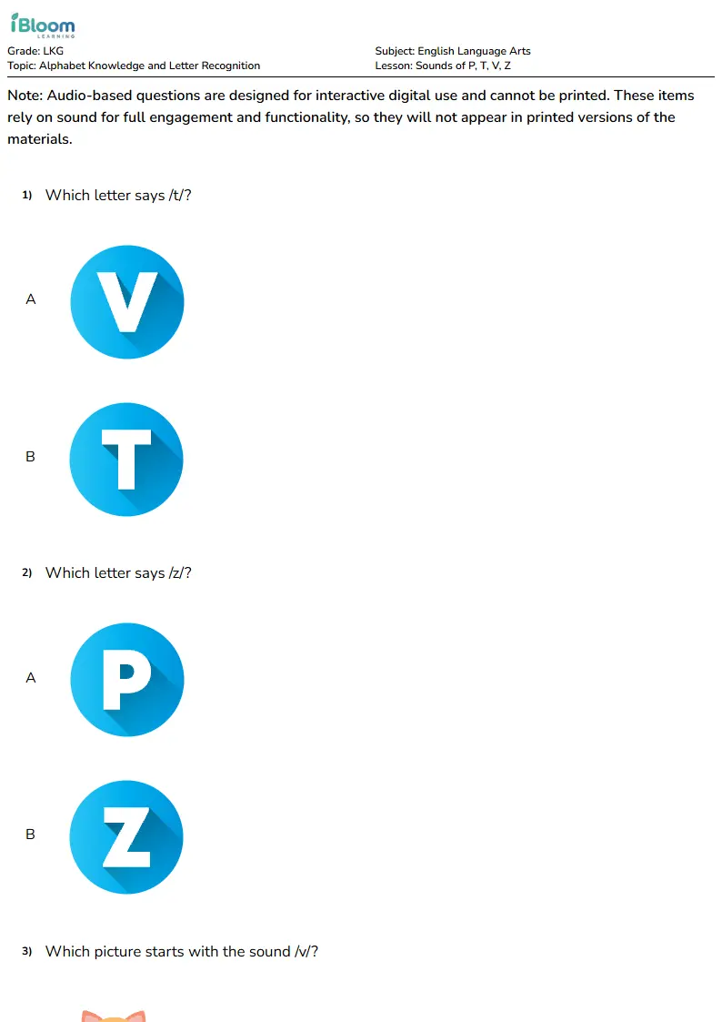 Sounds of p, t, v, z Lesson for Lkg | iBloom