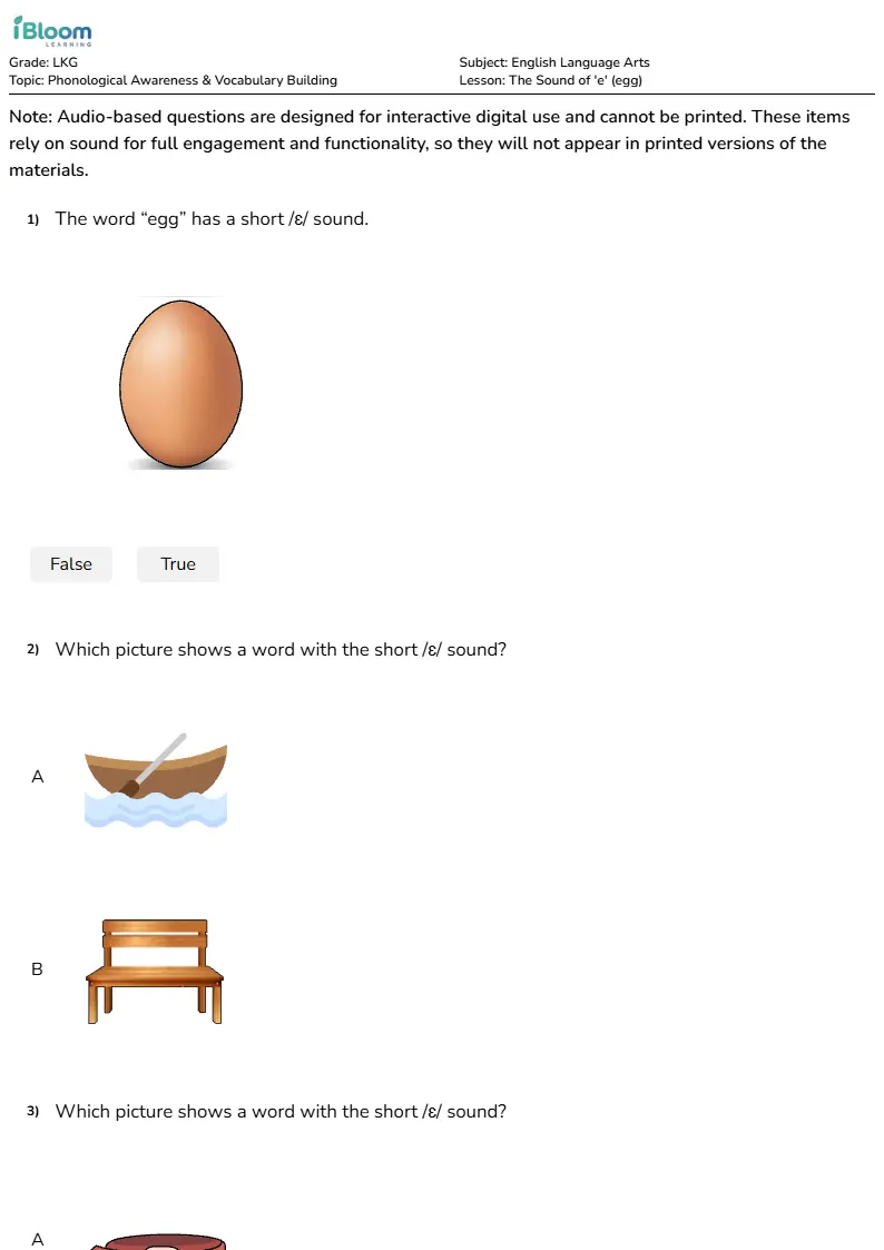 The Sound of 'e' (egg) Lesson for Lkg | iBloom
