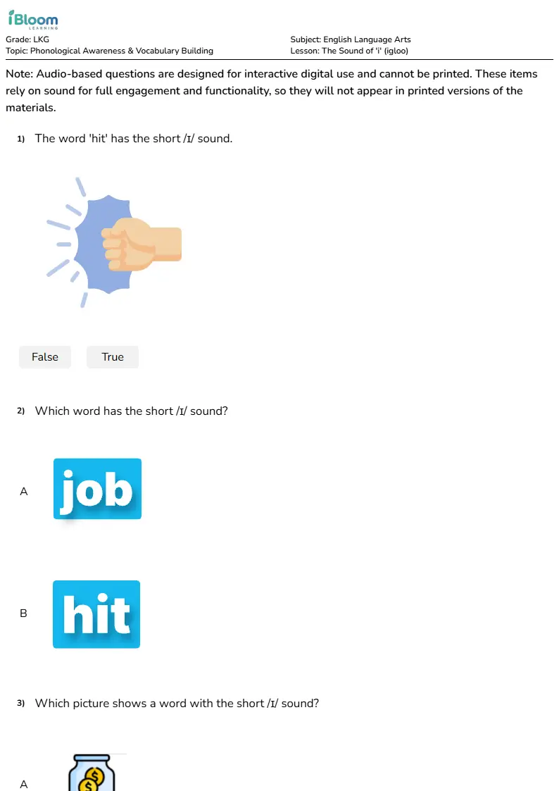 The Sound of 'i' (igloo) Lesson for Lkg | iBloom