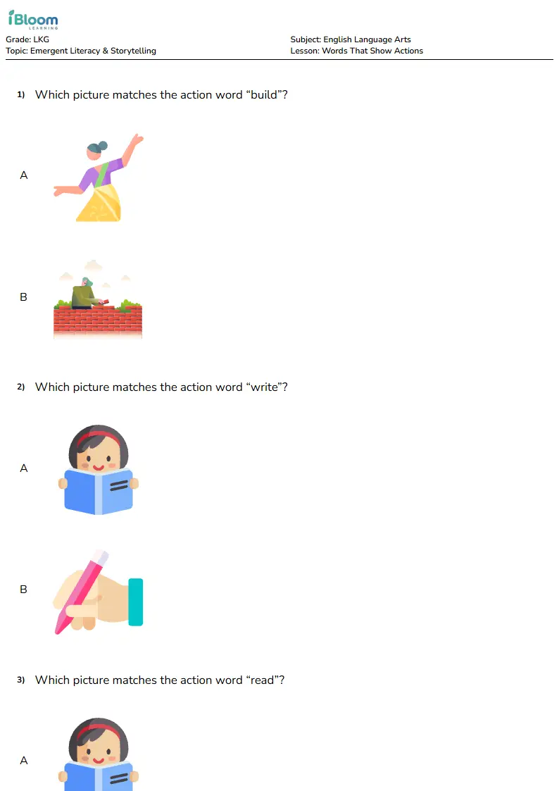 Words That Show Actions Lesson for Lkg | iBloom