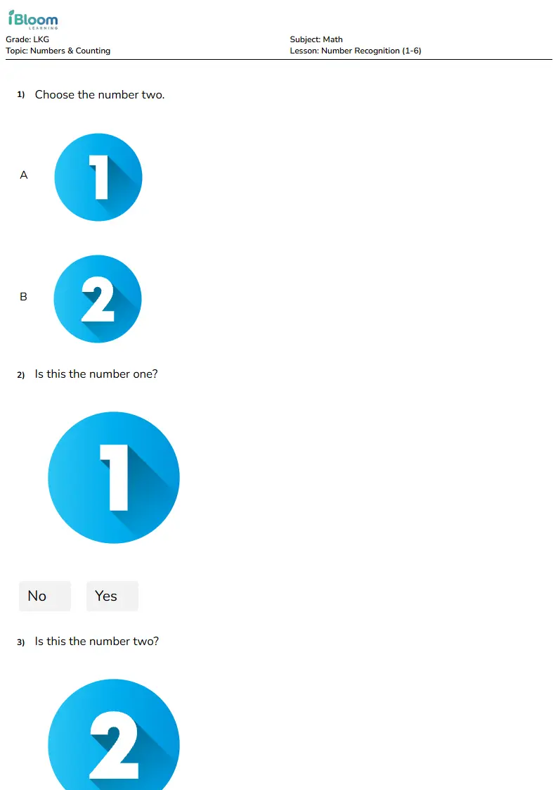 Number Recognition (1-6) Lesson for Lkg | iBloom