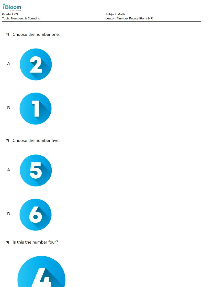 Number Recognition (1-7) Lesson for Lkg | iBloom