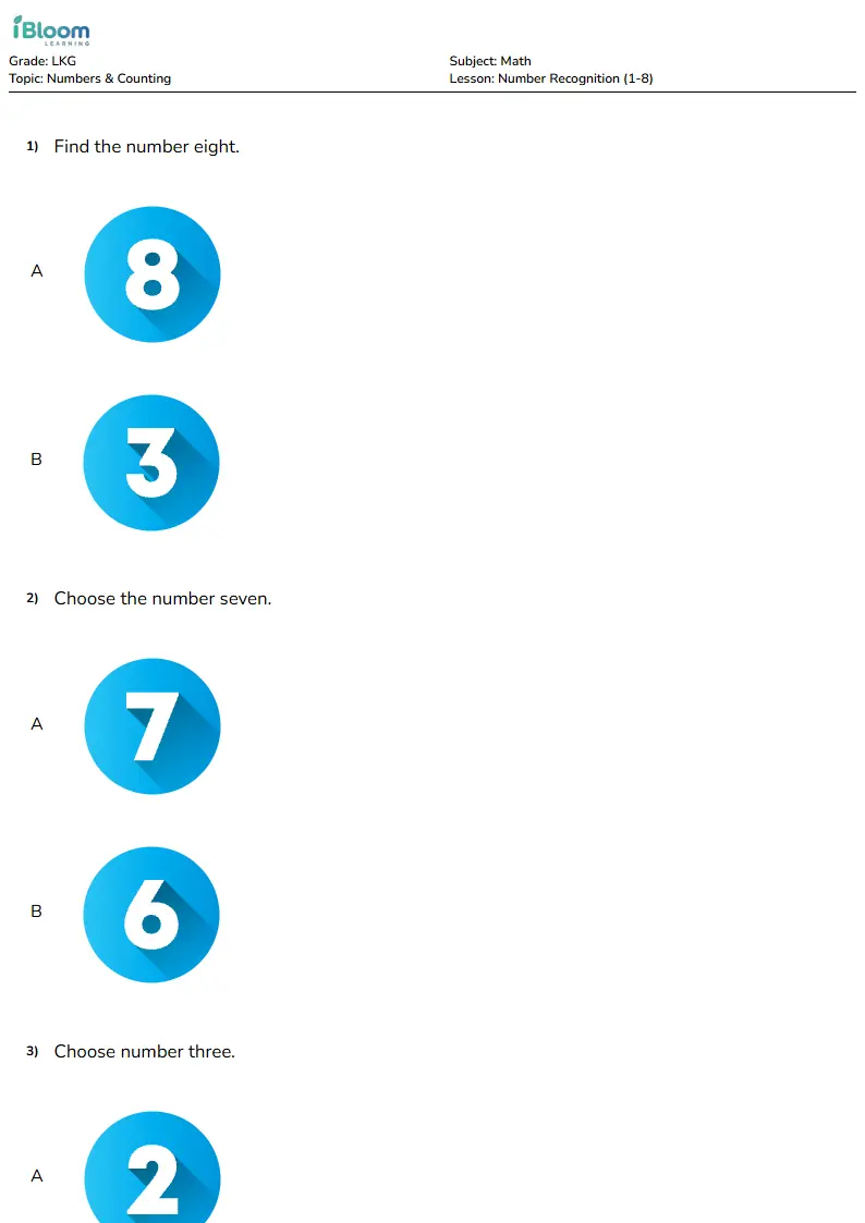 Number Recognition (1-8) Lesson for Lkg | iBloom