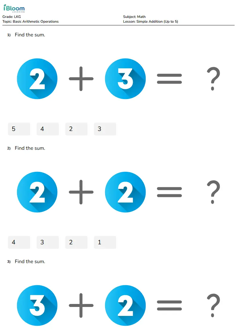 Simple Addition (Up to 5) Lesson for Lkg | iBloom