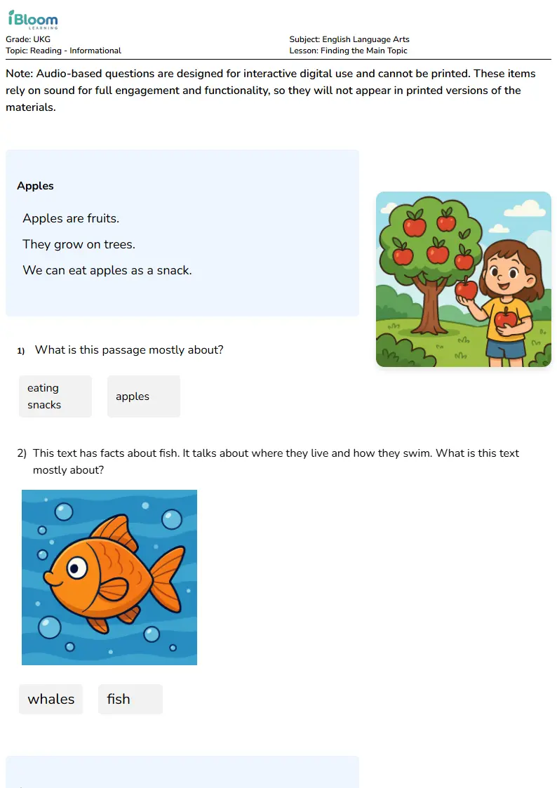 Finding the Main Topic Lesson for Ukg | iBloom