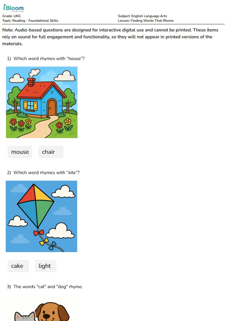 Finding Words That Rhyme Lesson for Ukg | iBloom
