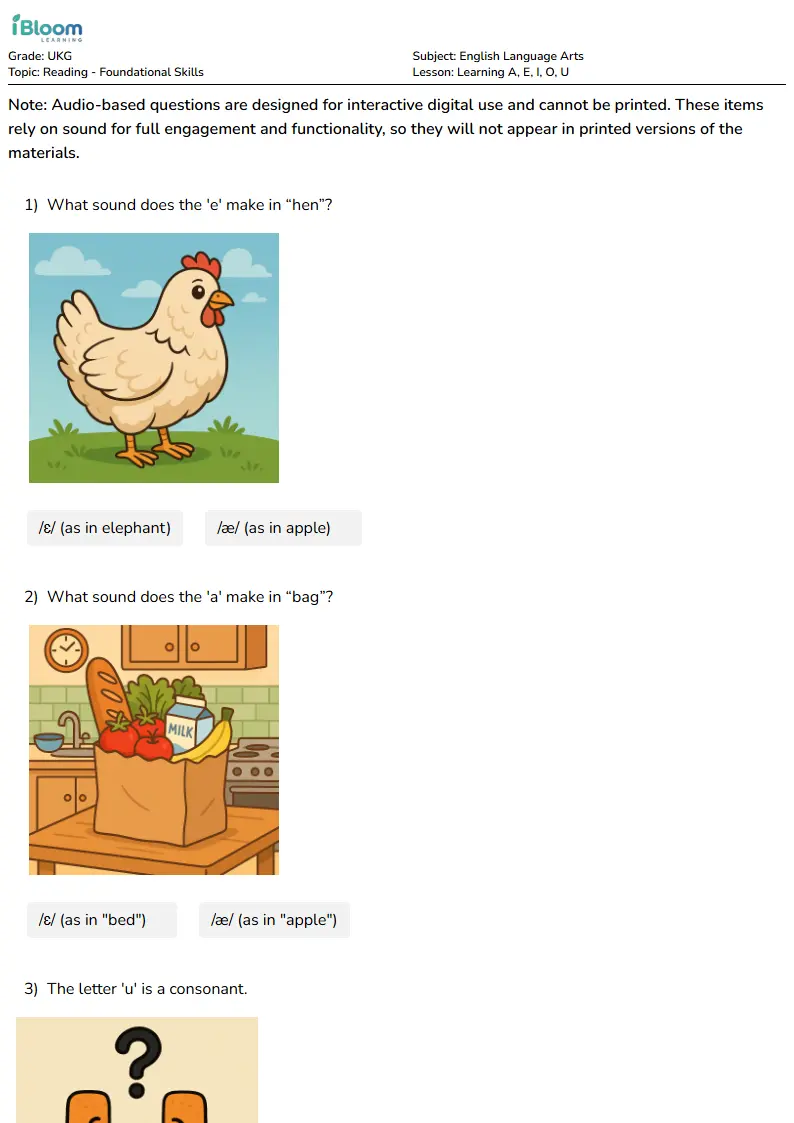 Learning A, E, I, O, U Lesson for Ukg | iBloom