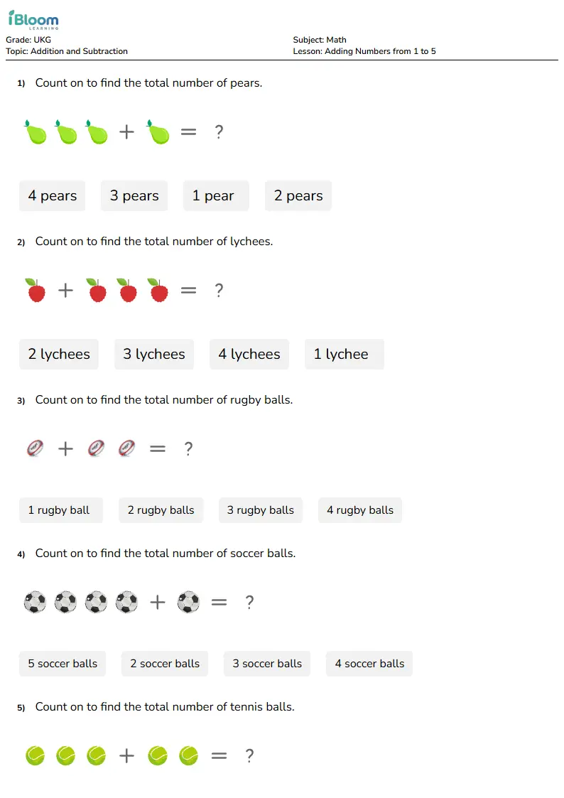 Adding Numbers from 1 to 5 Lesson for Ukg