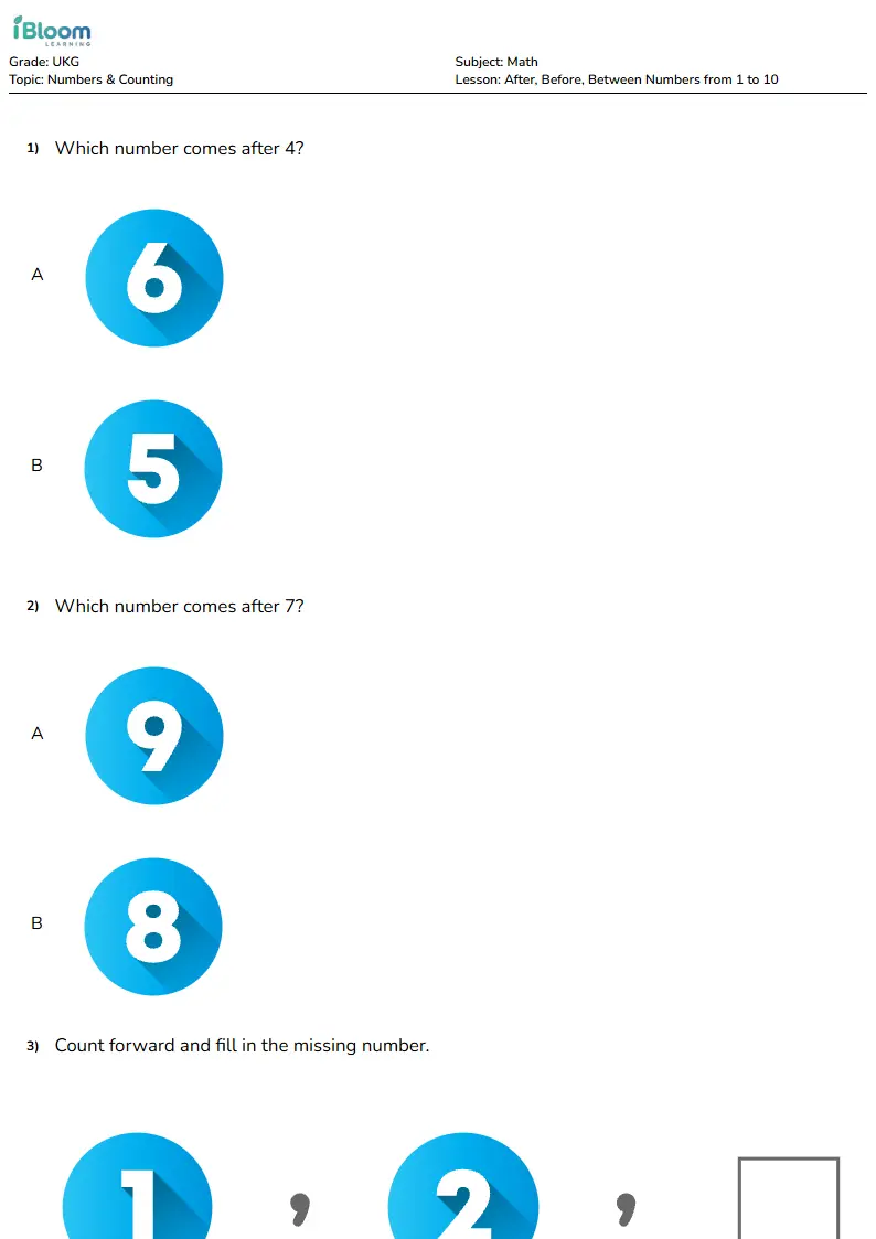 After, Before, Between Numbers from 1 to 10 Lesson for Ukg