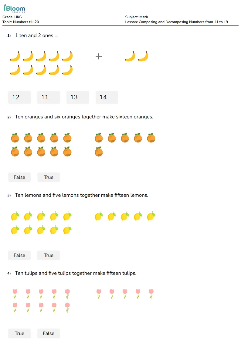 Composing and Decomposing Numbers from 11 to 19 Lesson for Ukg