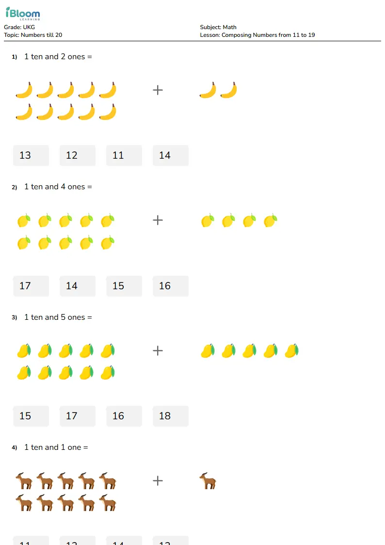 Composing Numbers from 11 to 19 Lesson for Ukg