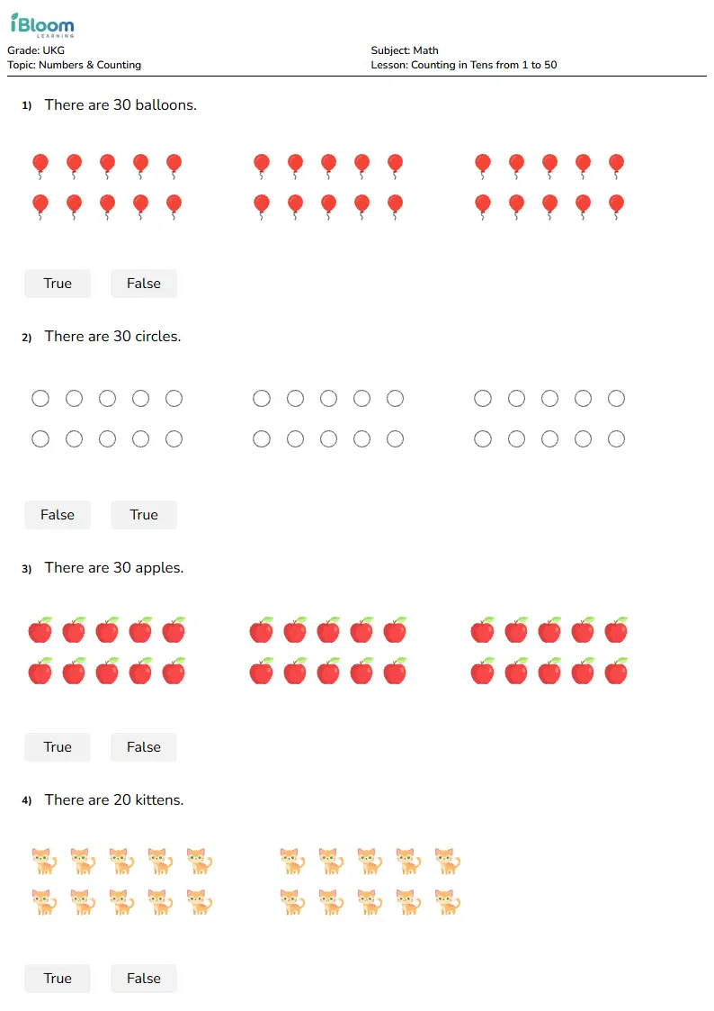 Counting in Tens from 1 to 50 Lesson for Ukg