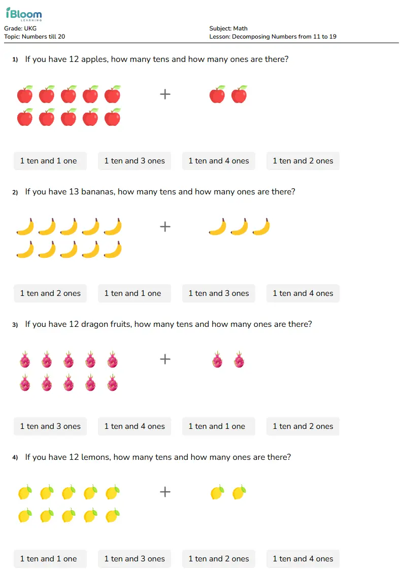 Decomposing Numbers from 11 to 19 Lesson for Ukg