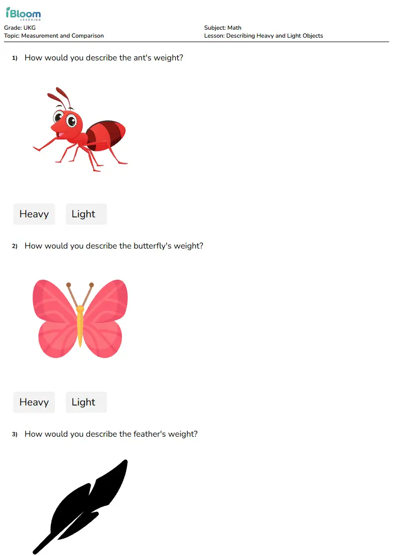 Describing Heavy and Light Objects Lesson for Ukg | iBloom