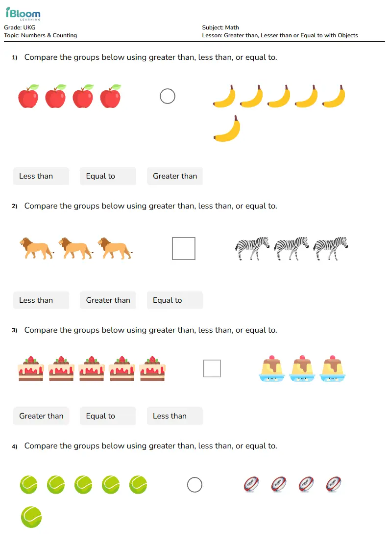 Greater than, Lesser than or Equal to with Objects Lesson for Ukg | iBloom