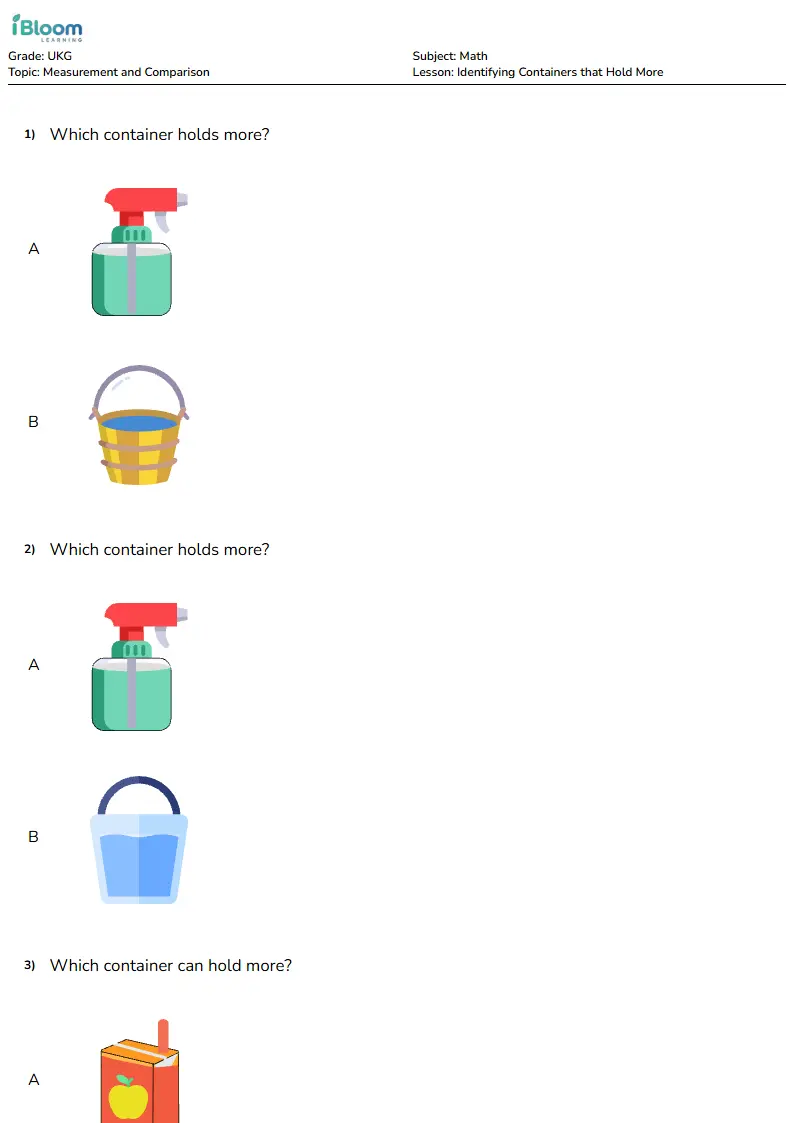 Identifying Containers that Hold More Lesson for Ukg | iBloom