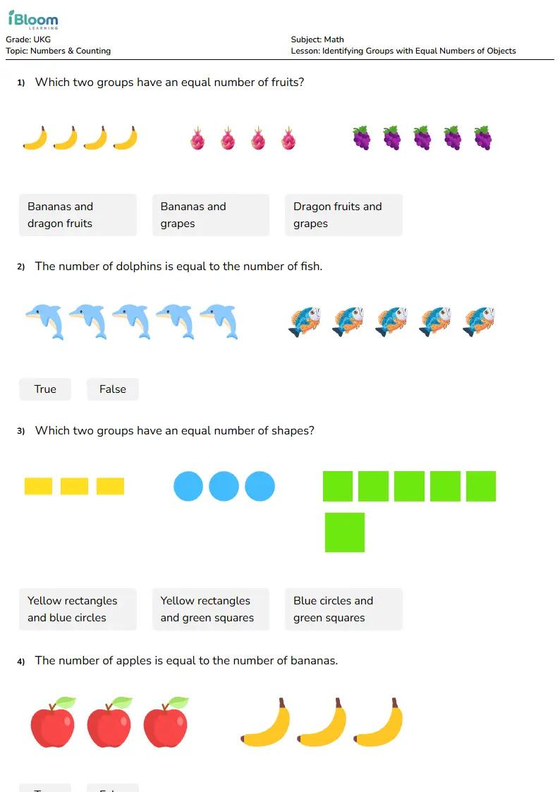 Identifying Groups with Equal Numbers of Objects Lesson for Ukg | iBloom