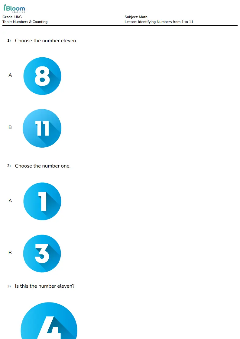 Identifying Numbers from 1 to 11 Lesson for Ukg | iBloom