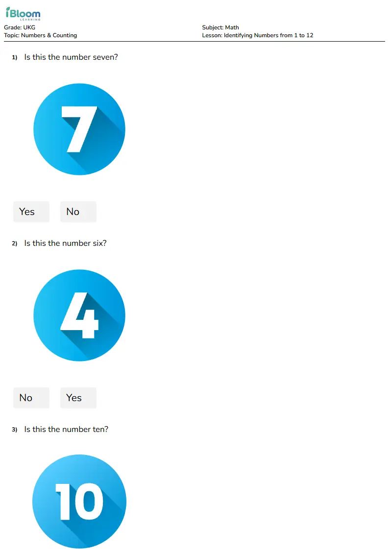 Identifying Numbers from 1 to 12 Lesson for Ukg | iBloom