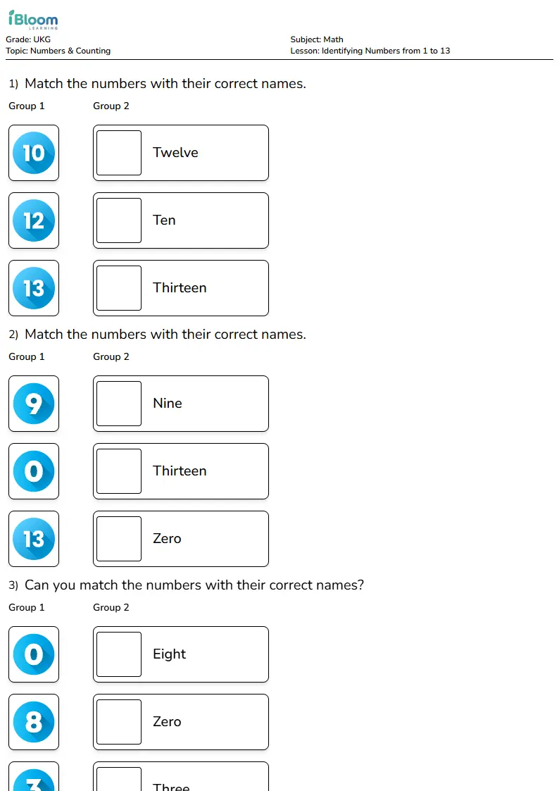 Identifying Numbers from 1 to 13 Lesson for Ukg | iBloom