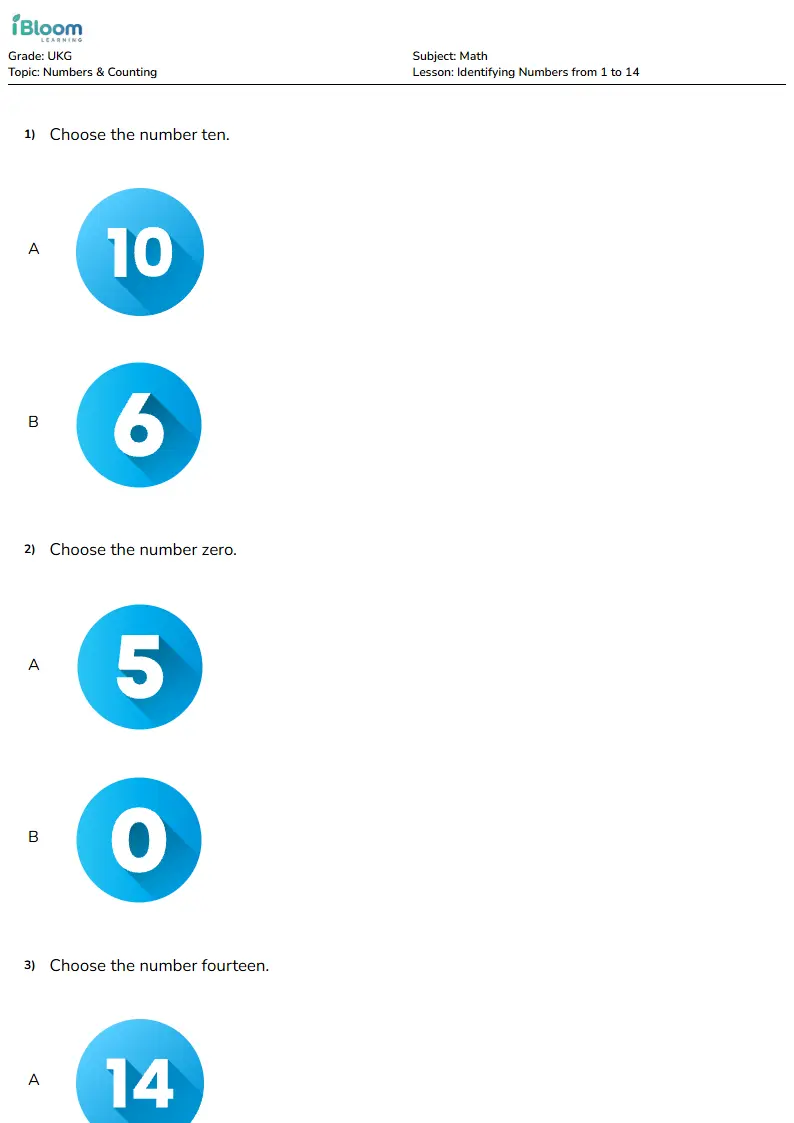 Identifying Numbers from 1 to 14 Lesson for Ukg | iBloom