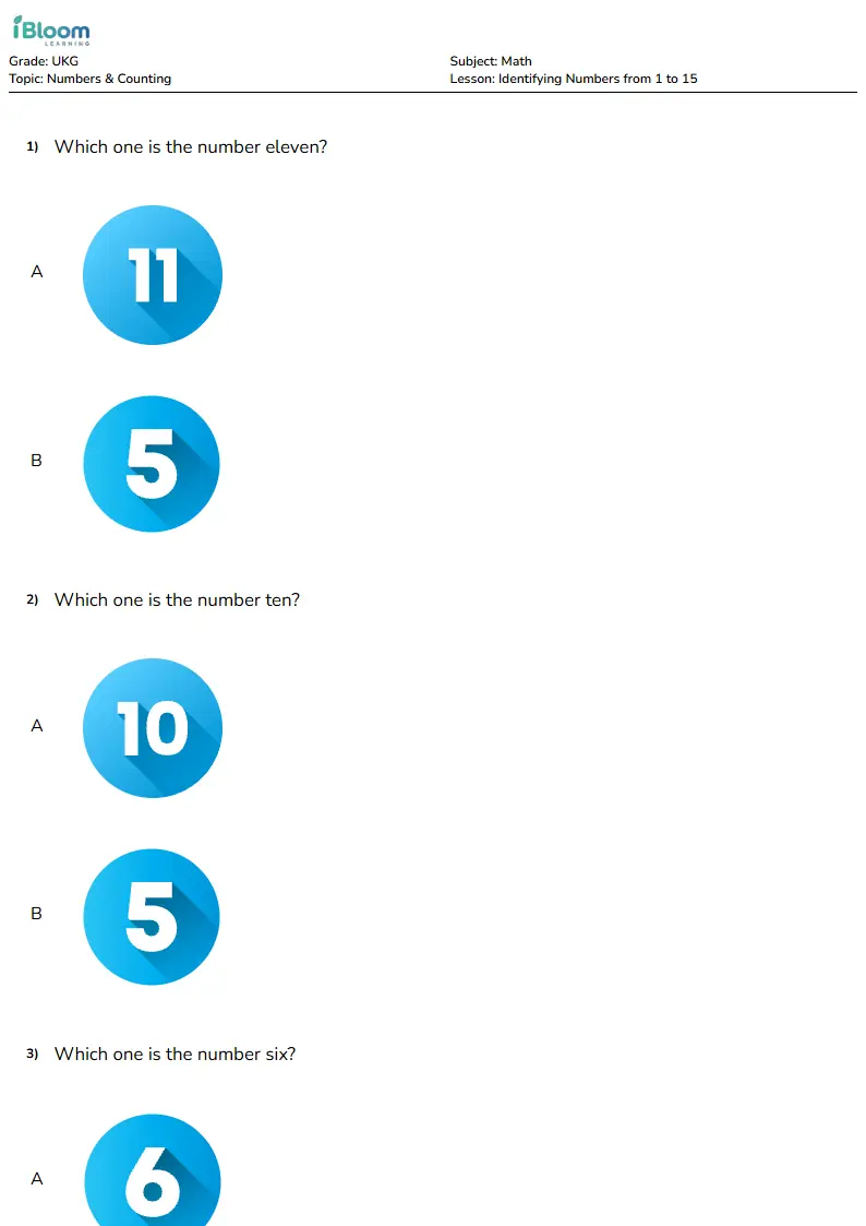 Identifying Numbers from 1 to 15 Lesson for Ukg | iBloom