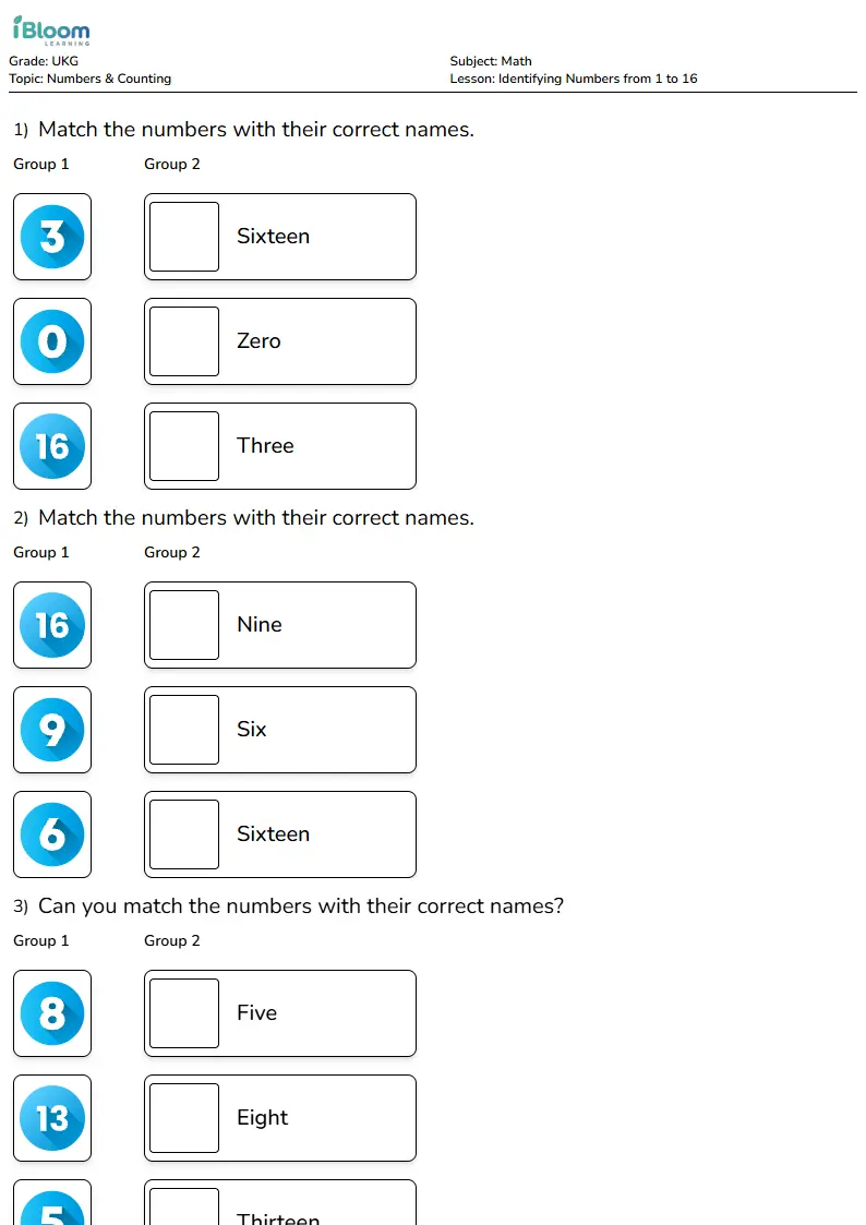 Identifying Numbers from 1 to 16 Lesson for Ukg | iBloom