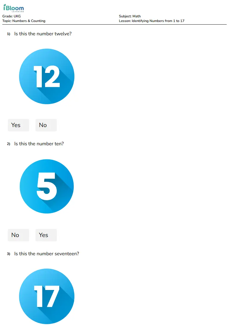 Identifying Numbers from 1 to 17 Lesson for Ukg | iBloom