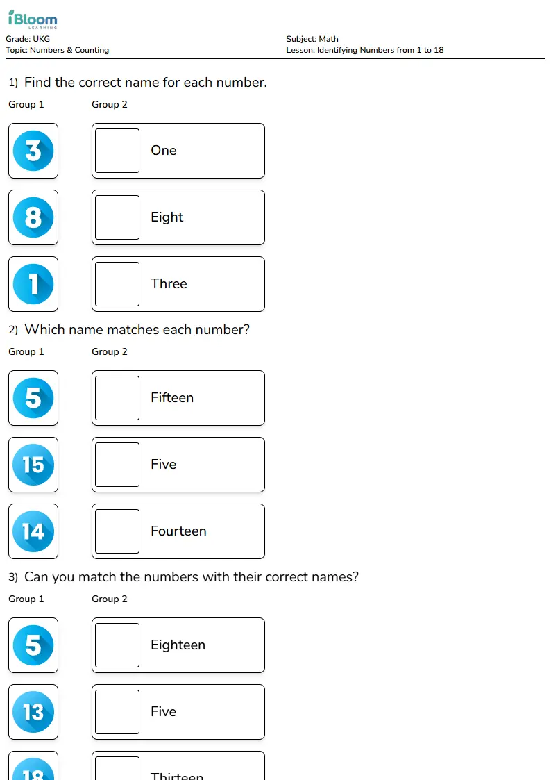 Identifying Numbers from 1 to 18 Lesson for Ukg | iBloom