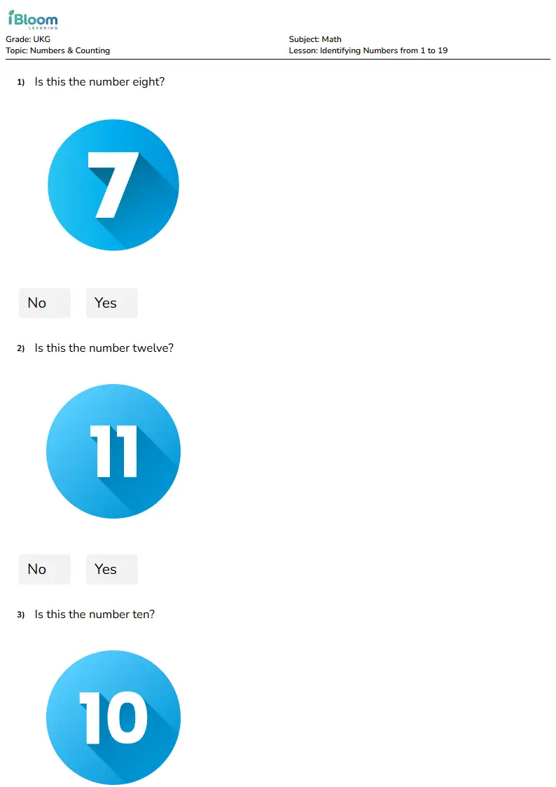 Identifying Numbers from 1 to 19 Lesson for Ukg | iBloom