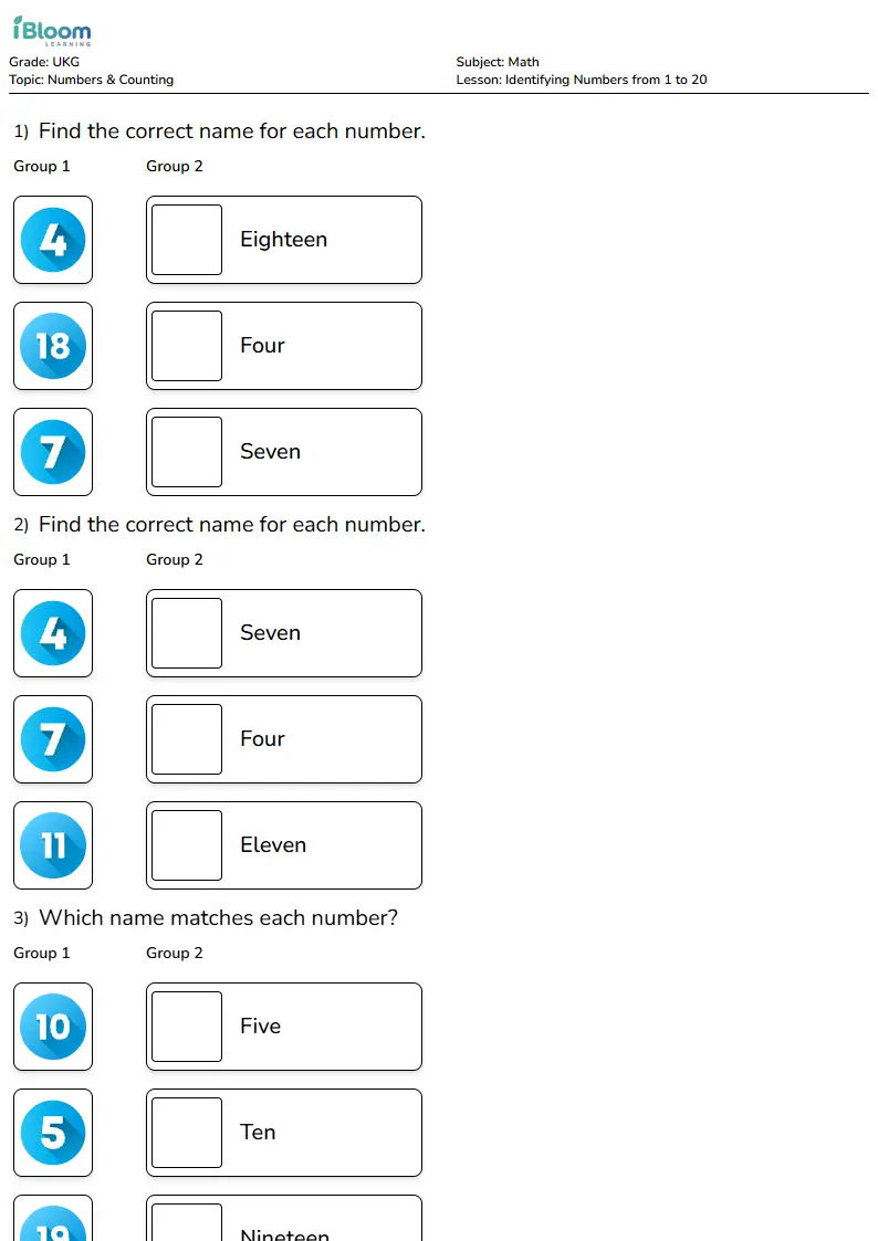 Identifying Numbers from 1 to 20 Lesson for Ukg | iBloom